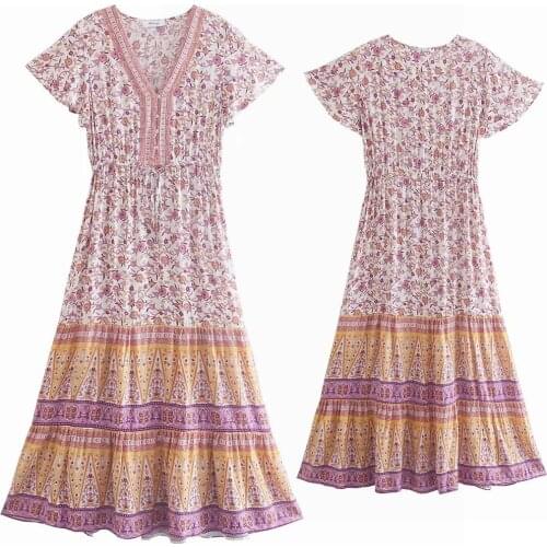 Womens Floral Prints V Neck Buttom up Dress 2021 Fashion Lady Short Sleeve A-line Holiday Summer Dress Casual Robe Femme Dress