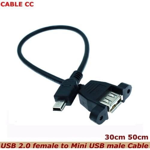 0.3m Mini USB Male to USB 2.0 Female Extension Cable With Panel Mount Screw Hole Lock Connector Adapter Connector for Computer