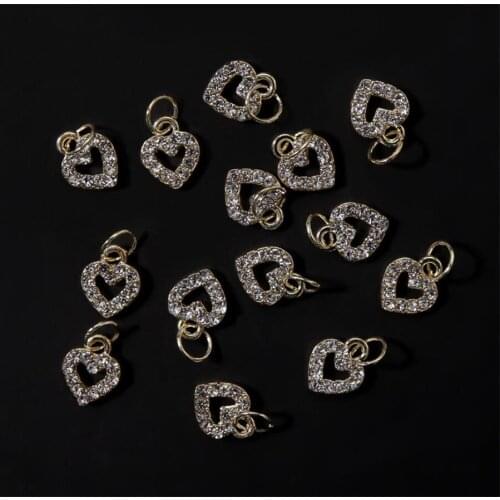 10PCS Sweet 3D Gold Heart Dangle Alloy Glitter Nail Charm Rhinestone Nail Jewelry Pendants Diamond Nail Art