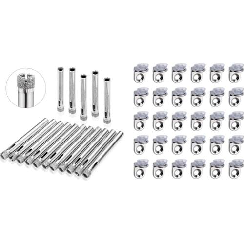 15X Glass Drill Hole Saw & 30 Pieces Glass Shelf Bracket With Sucker Glass Shelve Support Right Angle Fixing Brackets