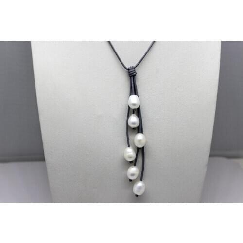 Handmade 6 Beads White Freshwater Pearls and Gray Leather Necklaces 9x12mm 18INCH