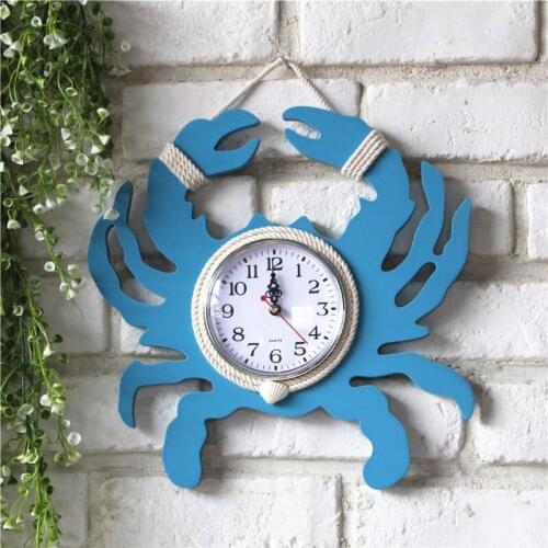 Mediterranean Style Old Wooden Crab Clock Handmade Home Decor Wall Mural Pendant Watch Bell Home Decoration Accessories Crafts