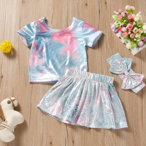 Childrens Girls' Clothing Sets Suit 2020 Summer Tie-dye U-neck T-shirt Sequins Skirts Cute Boy Girl Kids Baby Clothes