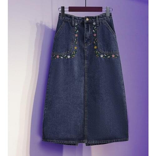 Denim Skirt Womens Summer High Waist Floral Embroidery Vintage Long Skirts Plus Size 5xl Streetwear Casual Slim Jeans Skirt