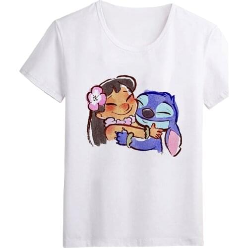 Disney T Shirt Disney Love Lilo Stitch Print Harajuku Tshirts Women White O-neck Girls Tops Lady S-3XL Summer Female T-shirts