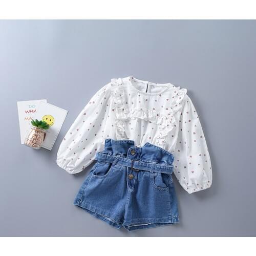 2-7 years high quality girl clothing set 2020 new autumn fashion polka dot shirt + short denim pant kid children clothing