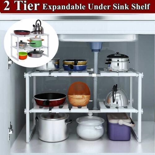 Multi-function Holder Kitchen Stainless Steel Floor Type Adjustable Extendable 2 Layer Dishes Storage Rack Under Sink Shelf
