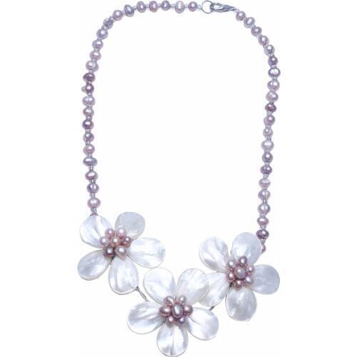 Fashion elegant purple rice shape freshwater pearl and white shell flower necklace female holiday party necklace