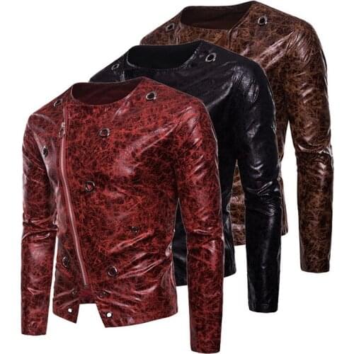 Old Design Mens Punk Rock Locomotive Personality Jacket Casual Printed Zipper Jacket Large Size Moto & Biker Faux Leather Coat