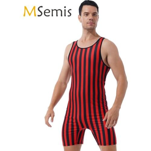 Mens Striped Wrestling Singlet Bodysuit Weight Lifting Stretchy Leotard Jockstraps Workout Fitness Outfits Athletic Jumpsuit