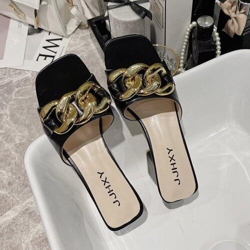 New Brand Women Slipper Summer Outdoor Sandal Square High Heel Slip on Flip Flop Elegant Women Slides Sandal