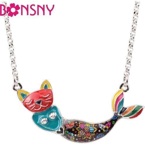 Bonsny Enamel Alloy Mermaid Cat Necklace Pendant Chain Choker Cute Animal Jewelry For Women Girls Teens Birthday Gift Drop Ship