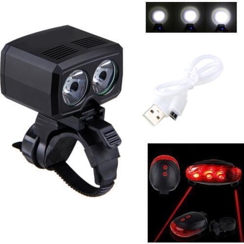 Rechargeable Bicycle USB Light 2x XM-L T6 Led Bike Headlight Cycling Flashlight Lamp 5 Modes with Tailight Rear Light Set