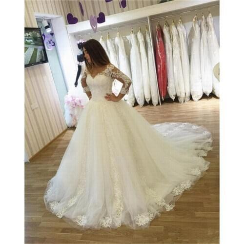 Amazing Skirt Wedding Dress 2021 Appliques Vestido De Noiva V Neck Ball Gown Wedding Dress with Sleeves