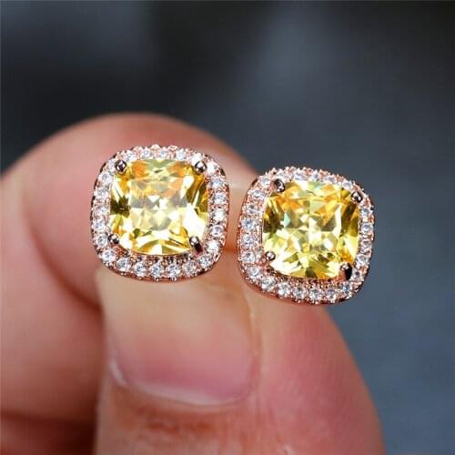 Classic Female Rainbow Zircon Stone Earrings Charm Rose Gold Small Stud Earrings Vintage Square Opal Wedding Earrings For Women