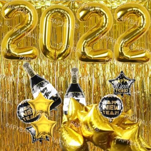 23pcs New Year Foil Balloons 2022 Champagne Bottle Star Round Ballon Merry Xmas Eve Party Home Decorations Indoor Big Event