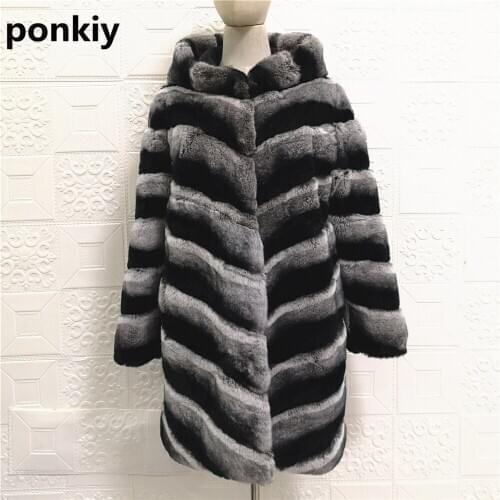 Rex RABBIT Fur Coat With Hood Women Real Fur Witner Jacket Natural Rabbit Fur Outerwear Striped Thick Warm2020