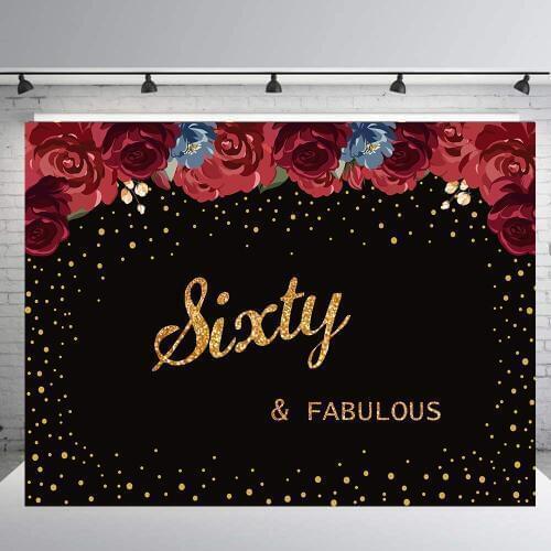 Sixty fabulous Birthday party banner black glitter rose flower backdrop photography background decoration photo booth props B426