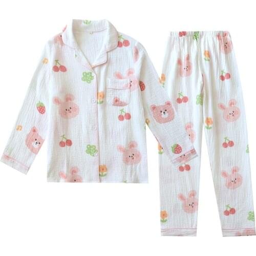 Tweedelige Set Dames Spring Summer Piggy Thin Cotton Double-layer Crepe Long-sleeved Trousers Short Suits Pajamas Komplet Damski