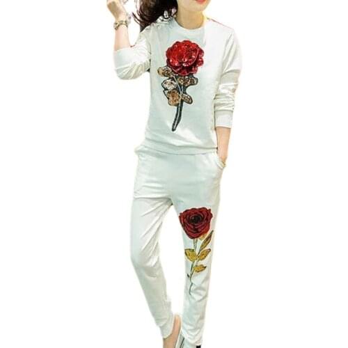 Spring Autumn Rose Flower Sequin Womens Tracksuits Fashion Two-piece Long Sleeve Pullover + Casual Pants Sporting Suits