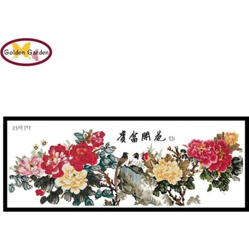 GG Fortune Comes with Blooming Flowers Chinese Flowers Cross Stitch DIY Kits Needlework Embroidery Cross Crafts for Home Decor