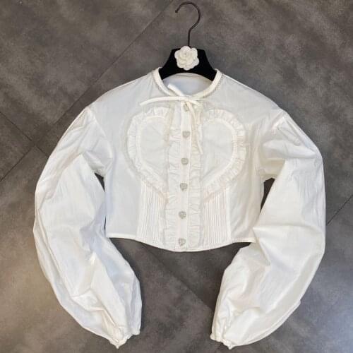 ZCSMLL 2021 Round Neck Puff Sleeve Solid Color Women Blouse Three-dimensional Short Shirt with Ruffles Autumn Summer Shirt