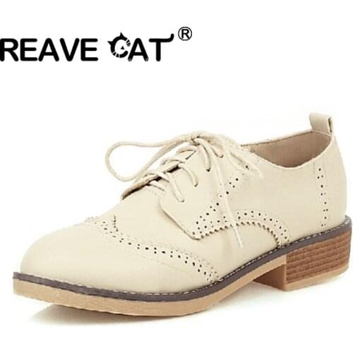 REAVE CAT 2021 Retro Ladies Flats College Style Oxfords Polka Dot Lace Up Round Toe 3CM Chunky Heel Shoes US12 Black Beige A4397