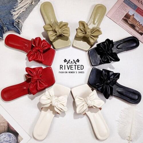 2021 Womens Slippers Bow Slip-on Beach Casual Flat Ladies Slides Womens Summer Flip-flops Flat Soft-Bottomed Summer Sandals