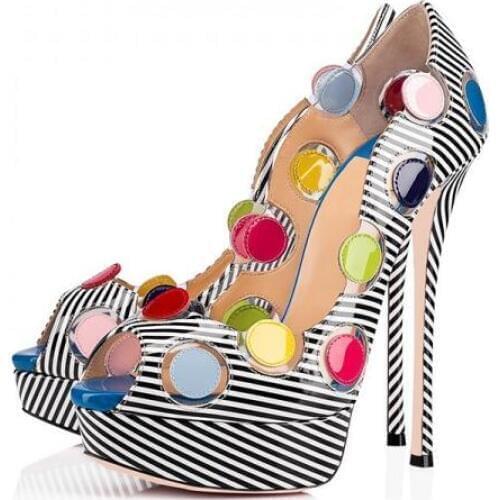 Moraima Snc Black and White Patent Leather Platform Heels Colorful Dots Pumps Sexy Peep Toe Woman Pumps Super high Party Heels