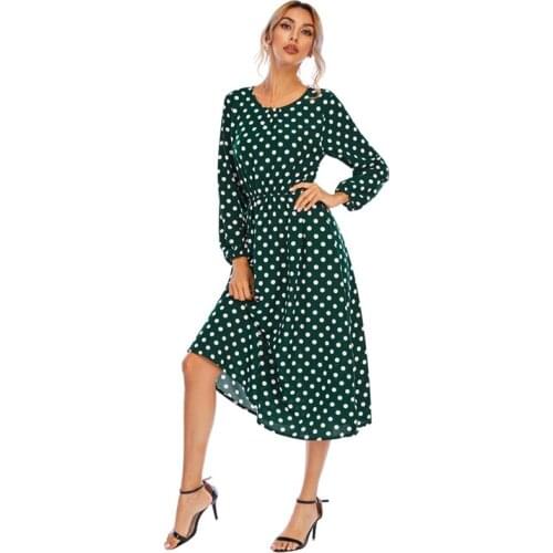 Fashion Casual Women Wave Point Print Chiffon Dress Ladies Round Collar Puff Sleeve Waist Long Summer Dresses