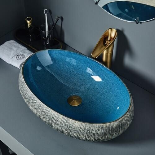 60*40*15cm Blue Color Bowl Art Ceramic Countertop WashBasin Oval European Bathroom Shampoo Sinks Washbasin Wash Hand Basins