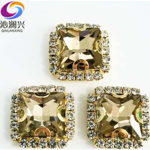Free shipping Golden bottom Light coffee square shape top Crystal glass buckle, sew on rhinestones for Diy/jewelry accessories