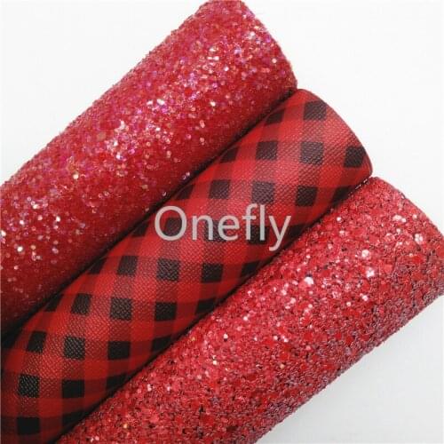 Onefly Red Glitter Leather, Plaids Printed Synthetic Leather Faux Leather Fabric Sheets For Bow DIY handbags shoes BQ008