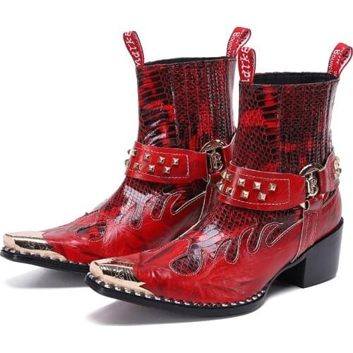 Batzuzhi Western Cowboy Mens Boots Pointed Toe Iron Head Rock Genuine Leather Ankle Boots Men Red Riding/Motorcycle Party Botas
