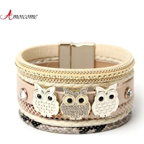 Amorcome New Design Magnetic Buckle Bracelets for Women Rhinestone Owl Animal Charm Wrap Bracelet Bangle Female Party Jewelry