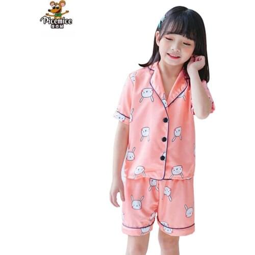 Childrens Pajamas Set Summer Baby Suit Kids Clothes Toddler Boys Girls Lce Silk Satin Cartoon Printing Tops Pants 2Pc Home Wear