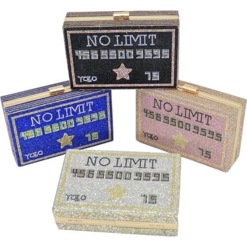 Luxury Brand Women Crystal Bridal Party Evening Bag Diamonds YOLO Credit Card Black Rhinestone Bling No Limited Clutch Purse