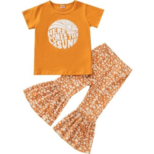 Girl’s T-shirt and Trousers Suit Fashion Letter Short Sleeve Tops and Printing Trumpet Long Pants