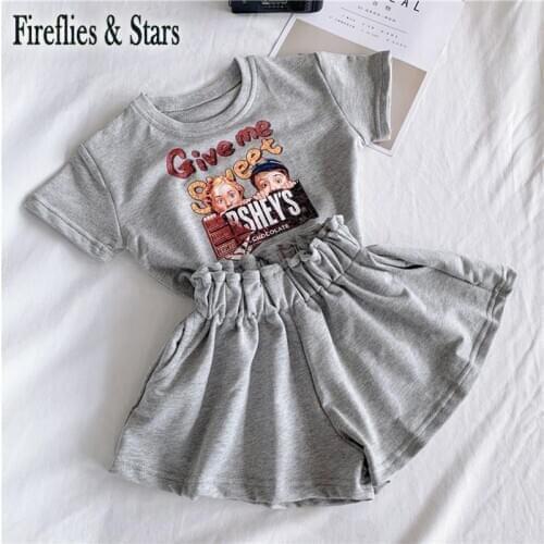 Summer girls 2 pcs set baby t shirt + shorts kids suits children fashion clothes letter print bud waist wide leg 2 to 7 yrs