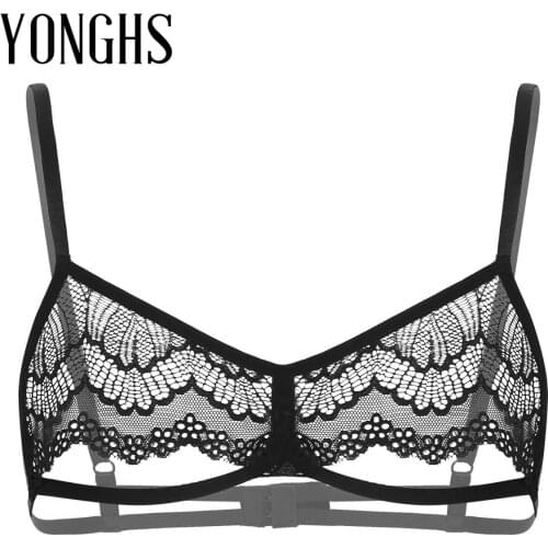 Mens Lingerie Sexy Sissy Crossdresser Bra See Through Sheer Lace Shoulder Straps Hollow Out Half Chest Wire-free Unlined Bra Top