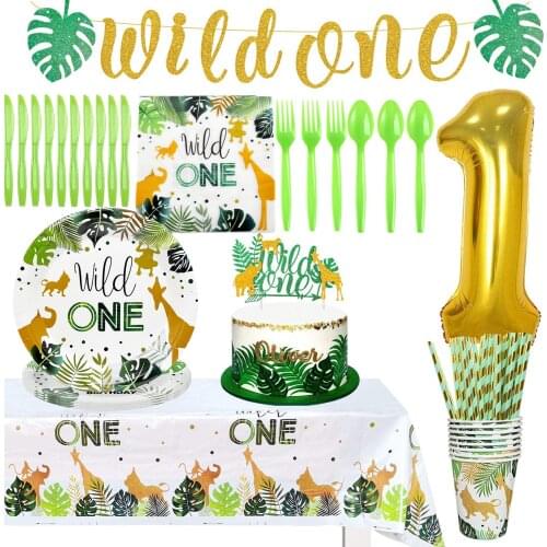 99Pcs Set Wild One Birthday Decor Jungle Theme Party Supplies Including Plates Napkins Cups Balloon for Wild One Party Supplies