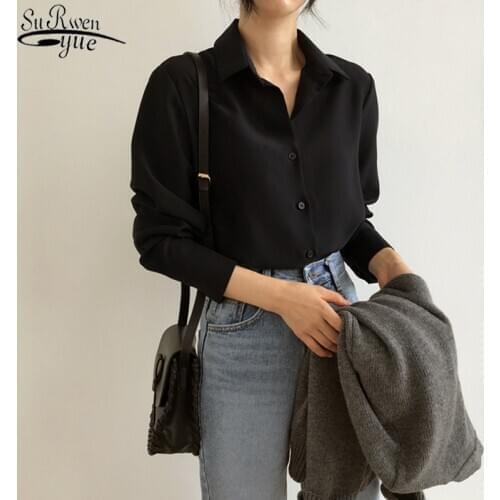 Autumn and Winter Women Chiffon Blouse New Korean Loose Slimming Lazy Womens Shirts Fashion Black Ol Top Female Feminine 6830
