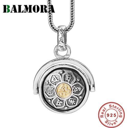 BALMORA 925 Sterling Silver 360 Rapid Rotation Buddhistic Six Words' Sutra Pendants Necklace for Men Women Religious Jewelry