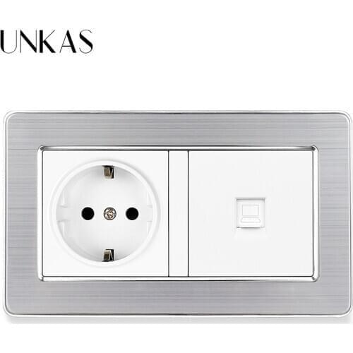 UNKAS Gray Stainless Steel Panel 16A EU Standard Power Socket + Grey RJ45 Internet Computer Connector Jack 146MM*86MM Outlet