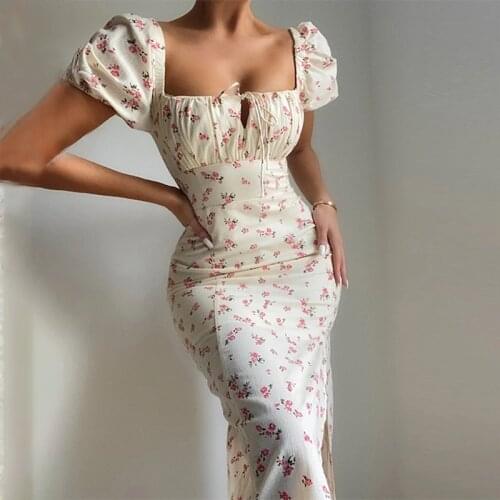 Puff Sleeve Womens Flower Print Midi Dress Chic Lace Up Side Split Female Dresses 2021 Summer Ladies Elegant Backless Vestidos