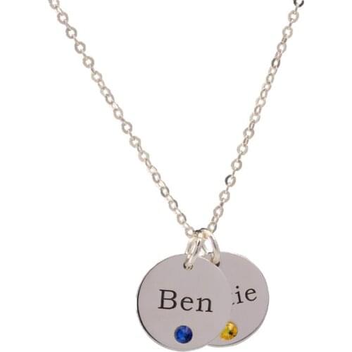 Silver 925 Pendant Disc Necklace with Birthstone Custom Engraved Initial Family Name Coin Choker Handmade Women Jewelry Gift