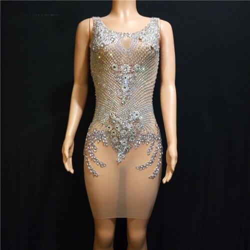Bright Silver Rhinestones Mesh Dress Womens Birthday Celebrate Dress Bar Singer Show See Through Outfit Prom Dress