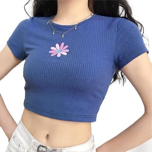Womens Crew Neck T-Shirt, Summer Casual Short Sleeve Floral/Cartoon Graphic Slim Fitted Crop Top