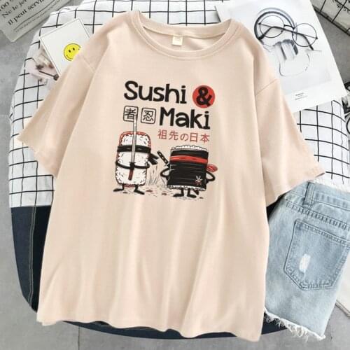 Japan Comics Ninja Sushi Printing Women T Shirts Soft Sweat T Shirt Casual Loose Tee Clothes Harajuku Crewneck Clothing Women