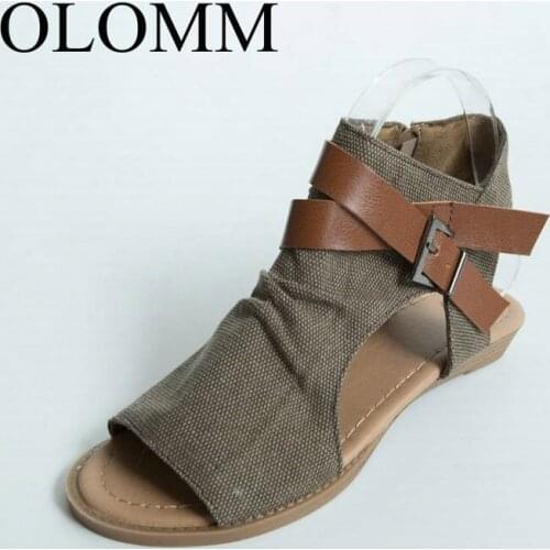 OLOMM 2019 Womens Summer Sandals Canvas Open Toe Shoes with Open Toe Lace Up Beach Shoes TT-174